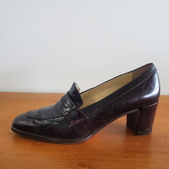 Joan & David W 7.5 Italy handmade Burgundy Croc Leather Heeled Penny loafer A213 - Picture 7 of 12